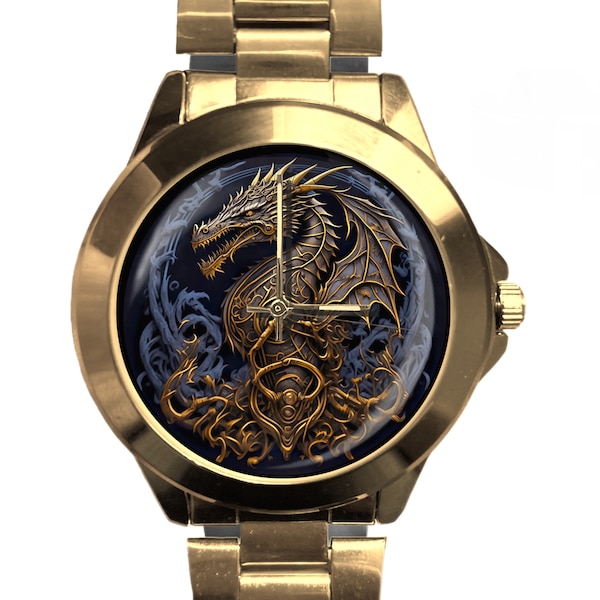 Watches for Men, Dragon Wristwatch, Steampunk Watch, Unique Watches, Leather Watch Women, Stainless Steel Watch for Men, Dragon Gift for Dad