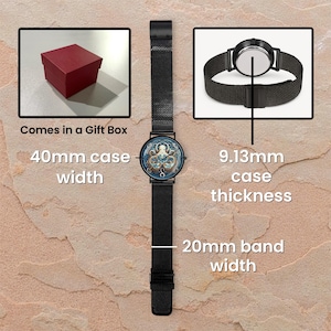 May include: Black wristwatch with a blue and gold octopus design on the watch face. The watch has a 40mm case width, a 9.13mm case thickness, and a 20mm band width. It comes in a red gift box.