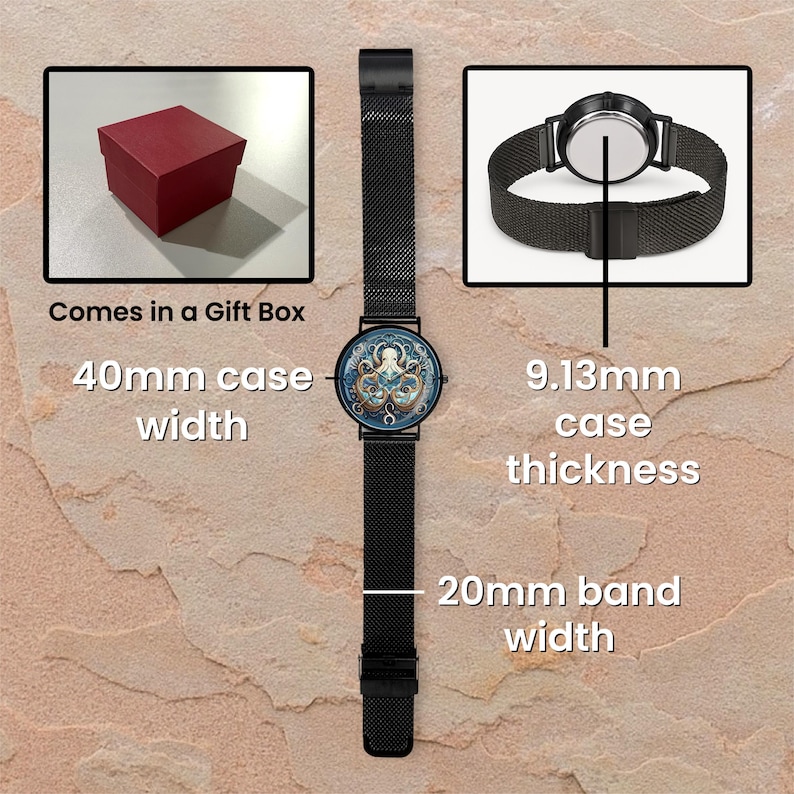 May include: Black wristwatch with a blue and gold octopus design on the watch face. The watch has a 40mm case width, a 9.13mm case thickness, and a 20mm band width. It comes in a red gift box.