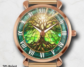 Baum des Lebens Uhr, Kunst Glas Stil Zifferblatt, Rose Gold Geschenk, rot schwarz Armband, Natur Design Accessoire