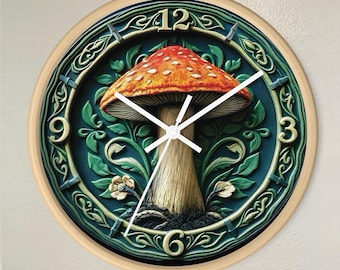 Whimsical Mushroom Wall Clock, Nature Lover's Art, Mushroom Wall Art, Unique Gift for Gardeners, 3D effect Aesthetic, Vintage Mushroom Art