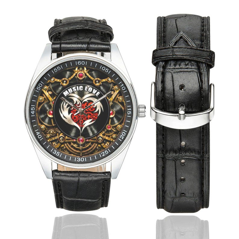 Steampunk Music Fan Watch - Heart & Retro Vinyl Record Wristwatch image 7