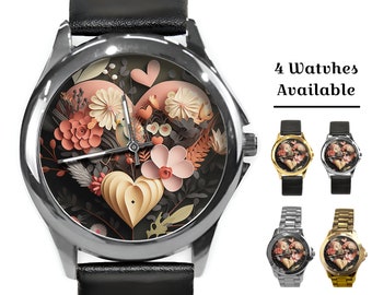 Floral Heart Watch: Stainless Steel or Leather Band