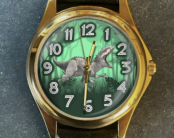 Personalisierte Dinosaurier-Uhr, Uhr mit Cartoon-Namen, handgefertigte Edelstahl-Lederuhr als Geburtstagsgeschenk
