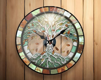 Tree of Life Clock - Faux Stained Glass Wall Clock - 2D Printed Nature Home Decor