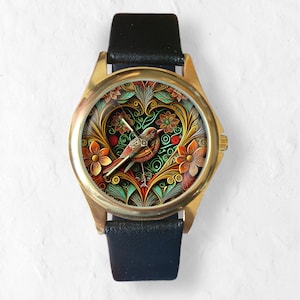 Montres pour femme, montre oiseau, montres uniques, montre-bracelet à fleurs, montre unisexe, pour homme ou femme, montres en cuir et bracelet en acier inoxydable image 7