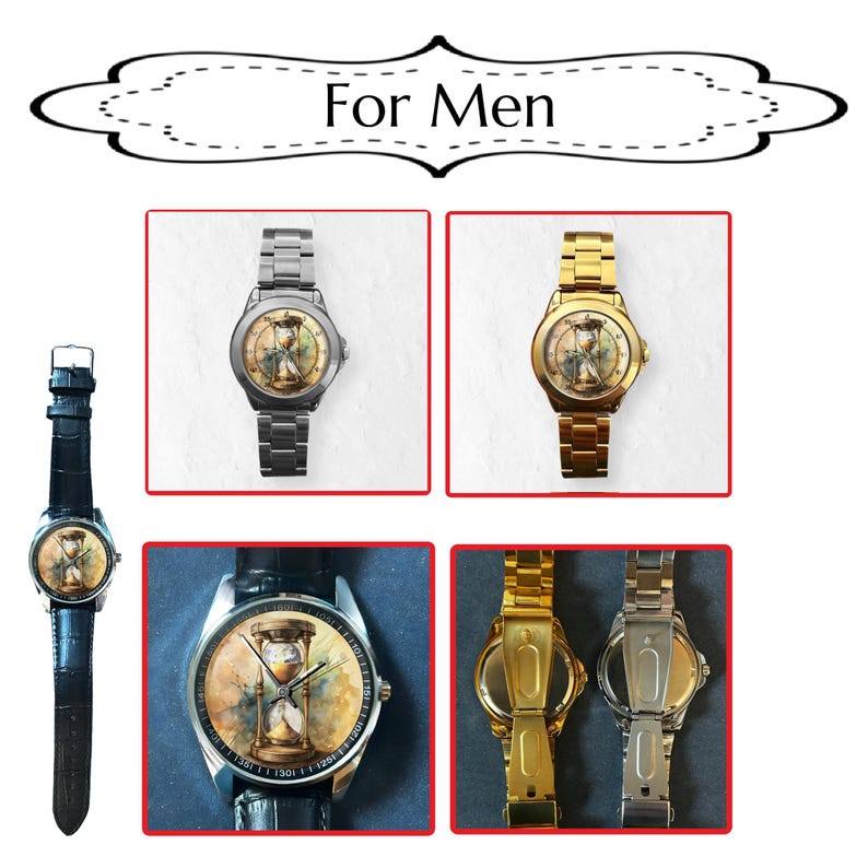 K&ouml;nnte beinhalten: Uhren mit einem Sanduhr-Design. Das Bild zeigt mehrere Uhren mit verschiedenen Armband- und Geh&auml;usefarben, darunter Silber, Gold und Schwarz. Die Zifferbl&auml;tter der Uhren weisen ein Sanduhr-Design auf. Der Text "For Men" befindet sich oben im Bild.