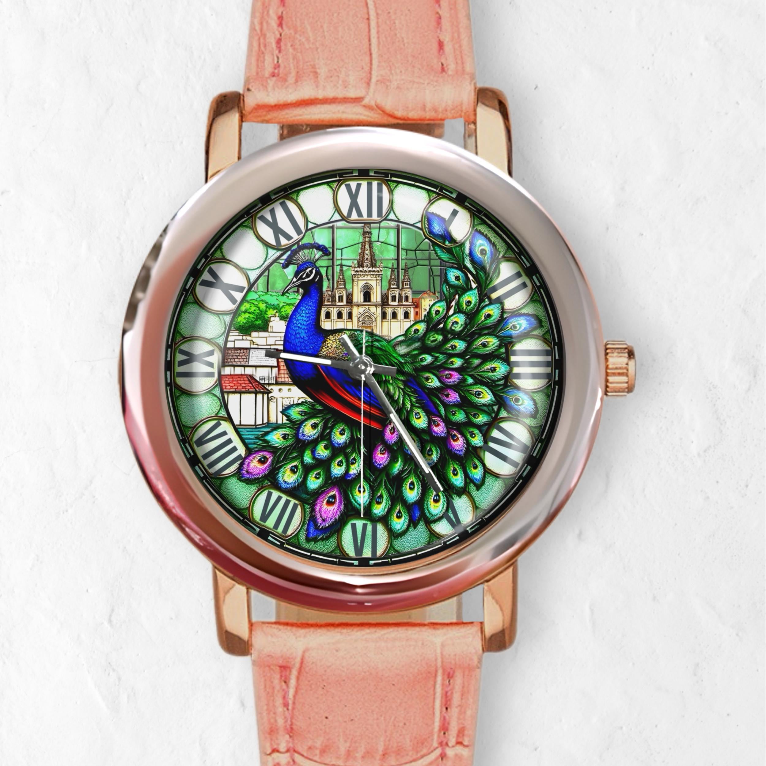 Peacock Wristwatch: Stained Glass Style, Roman Numerals Handmade Stainless Steel Leather Watches