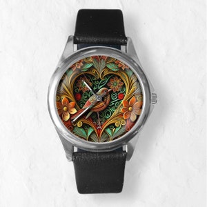 Montres pour femme, montre oiseau, montres uniques, montre-bracelet à fleurs, montre unisexe, pour homme ou femme, montres en cuir et bracelet en acier inoxydable image 6