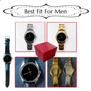 K&ouml;nnte beinhalten: Eine Auswahl an Uhren mit schwarzen Zifferbl&auml;ttern und verschiedenen Armbandstilen, darunter Silber, Gold und schwarzes Leder. Eine rote Geschenkbox ist ebenfalls vorhanden. Die Uhren werden vor einem wei&szlig;en und blauen Hintergrund pr&auml;sentiert.