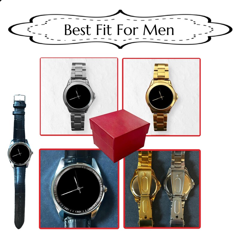K&ouml;nnte beinhalten: Eine Auswahl an Uhren mit schwarzen Zifferbl&auml;ttern und verschiedenen Armbandstilen, darunter Silber, Gold und schwarzes Leder. Eine rote Geschenkbox ist ebenfalls vorhanden. Die Uhren werden vor einem wei&szlig;en und blauen Hintergrund pr&auml;sentiert.