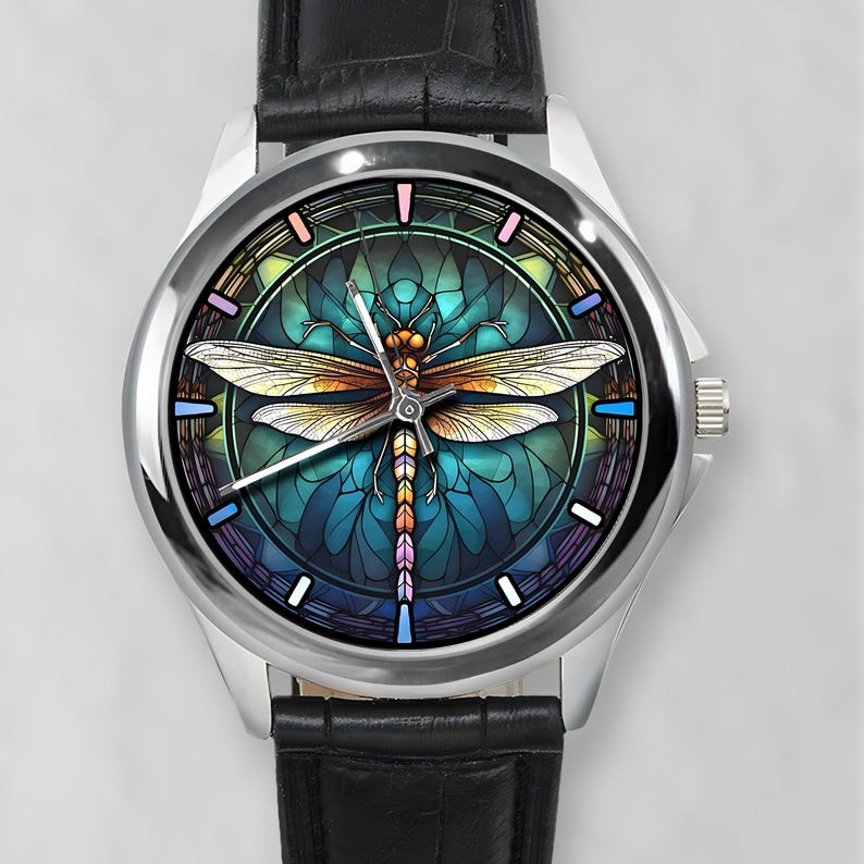 Watches for Women, Dragon Fly Gift, Unique Watches, Unisex Wristwatch, Colorful Hour Marks, Gold Watch, Silver Watch, Watch for Men & Women image 1