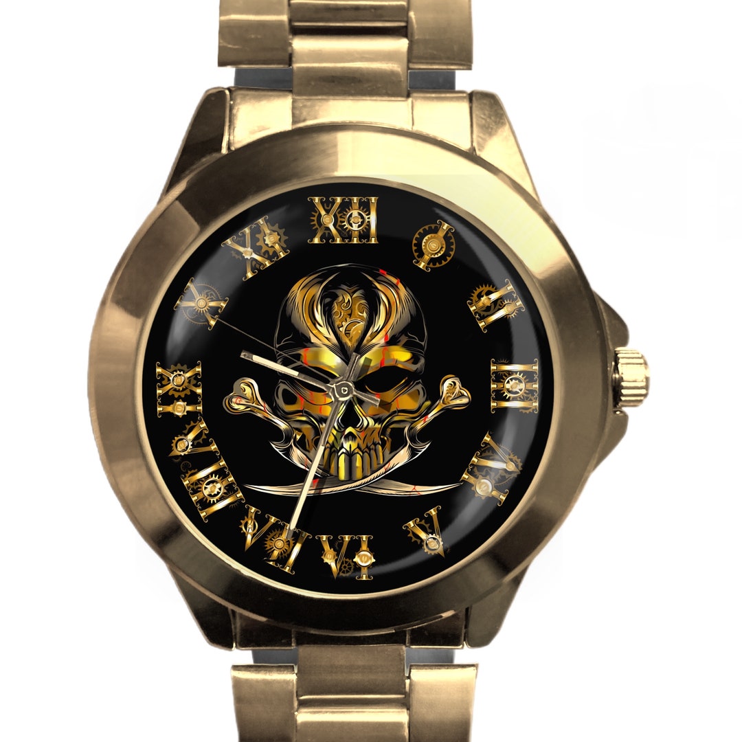Steampunk Piraten-Totenkopf-Uhr: Silberton, römische Ziffern
