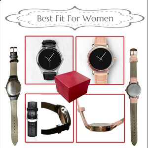 K&ouml;nnte beinhalten: Eine Sammlung von Uhren mit schwarzen Zifferbl&auml;ttern und Lederarmb&auml;ndern, pr&auml;sentiert mit einer roten Geschenkbox. Die Uhren haben silberne und ros&eacute;goldene Geh&auml;use. Der Text "Best Fit For Women" ist enthalten.