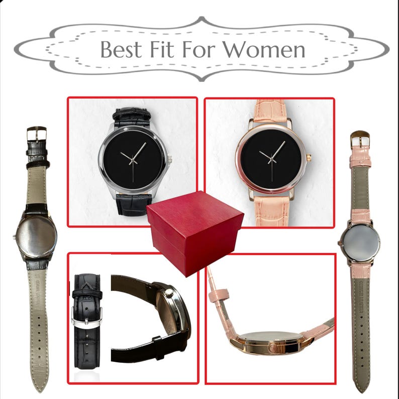 K&ouml;nnte beinhalten: Eine Sammlung von Uhren mit schwarzen Zifferbl&auml;ttern und Lederarmb&auml;ndern, pr&auml;sentiert mit einer roten Geschenkbox. Die Uhren haben silberne und ros&eacute;goldene Geh&auml;use. Der Text "Best Fit For Women" ist enthalten.