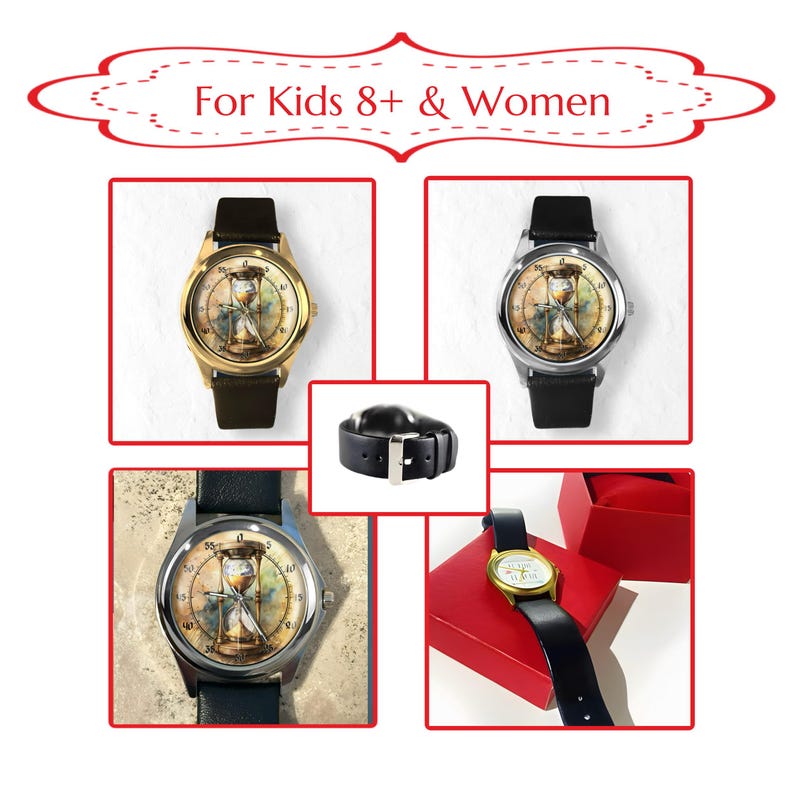 K&ouml;nnte beinhalten: Vier Uhren mit schwarzen Lederarmb&auml;ndern und gold- oder silberfarbenen Geh&auml;usen. Die Zifferbl&auml;tter der Uhren zeigen ein Sanduhr-Design. Das Bild enth&auml;lt auch ein schwarzes Uhrenarmband und eine Uhr auf einer roten Box. Der Text oben lautet "For Kids 8+ & Women."
