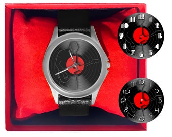 Vinyl Record Guitar Player Watch: Retro Music Lover Gift Handmade Stainless Steel Leather Watches