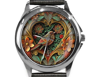 Montres pour femme, montre oiseau, montres uniques, montre-bracelet à fleurs, montre unisexe, pour homme ou femme, montres en cuir et bracelet en acier inoxydable