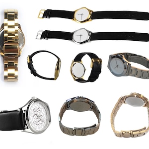 K&ouml;nnte beinhalten: Eine Sammlung von acht Armbanduhren mit verschiedenen Band- und Zifferblattstilen. Die Uhren haben goldene, silberne und schwarze B&auml;nder. Einige der Uhren haben ein wei&szlig;es Zifferblatt mit schwarzen Zeigern, w&auml;hrend andere ein schwarzes Zifferblatt mit goldenen Zeigern haben.