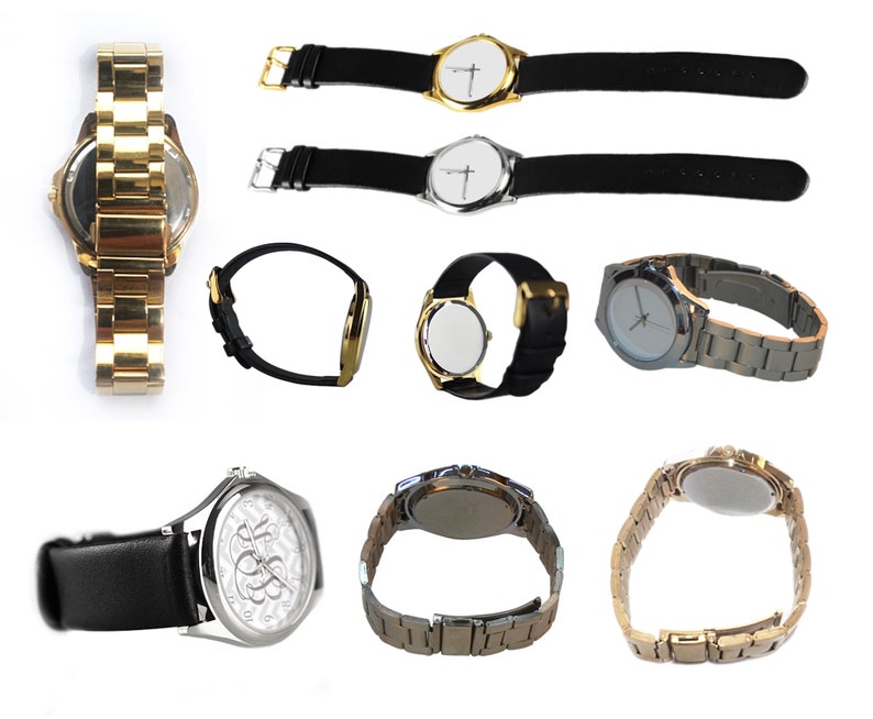 K&ouml;nnte beinhalten: Eine Sammlung von acht Armbanduhren mit verschiedenen Band- und Zifferblattstilen. Die Uhren haben goldene, silberne und schwarze B&auml;nder. Einige der Uhren haben ein wei&szlig;es Zifferblatt mit schwarzen Zeigern, w&auml;hrend andere ein schwarzes Zifferblatt mit goldenen Zeigern haben.