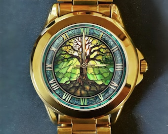 Tree of Life Watch, Faux Stained Glass Art, Unique Watches, With Roman Numerals, for Men and Women