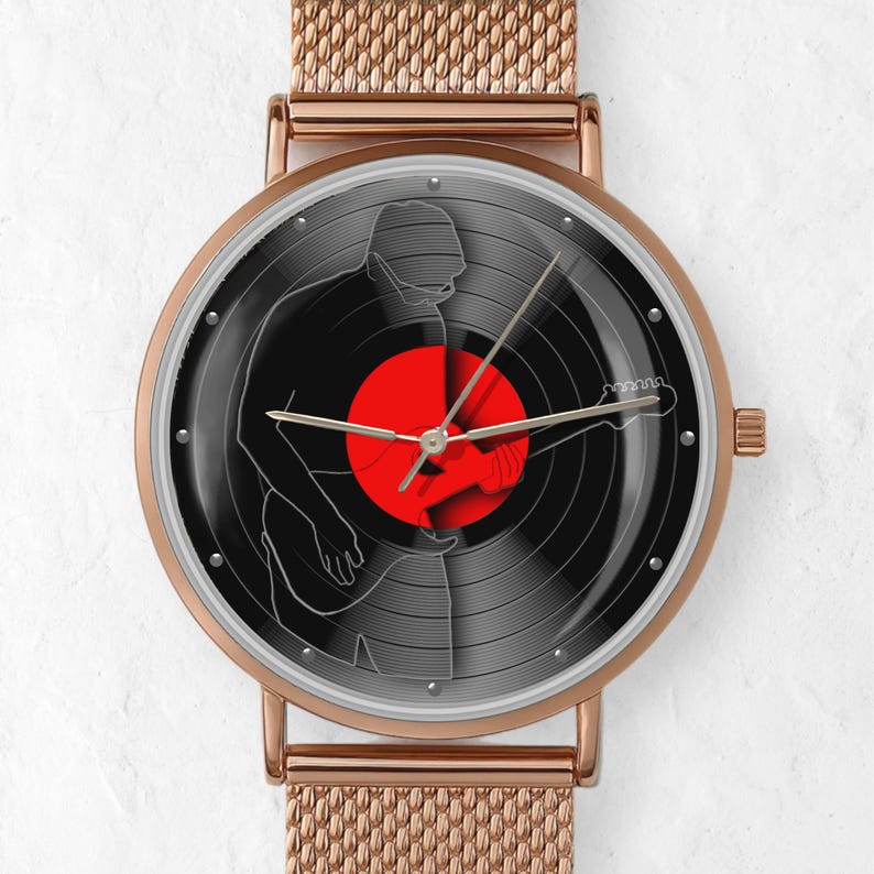 Vinyl record guitar watch, music lover gift, retro art wristwatch for men and women, Music Fandom watches image 4