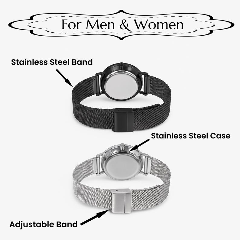 May include: Two stainless steel watches with mesh bands. One watch has a black band and case, the other has a silver band and case. The image includes the text "For Men & Women".