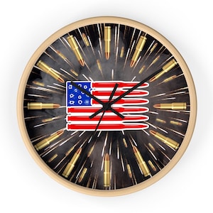 US Flag Clock, Patriotic Clocks, Gift for Veteran Flag, American Flag Gifts for Him, Bullets and Fireworks, Man Cave Clock, Valentine Gift