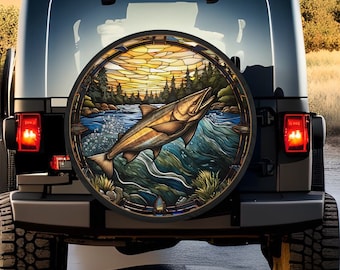Funda para rueda de repuesto para pesca de salmón: funda impermeable para rueda de Jeep. Funda de poliéster para rueda de repuesto, hecha a mano y para todo tipo de clima.
