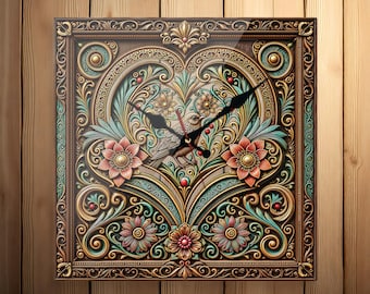 Square Acrylic Wall Clock, Cottage core Bird Clock, Art Decor Living Room Gift 2D, Vintage print heart decor