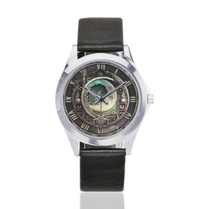 Montre à phases de lune : Montre céleste à chiffres romains celtiques, fabriquée à la main en acier inoxydable et cuir.