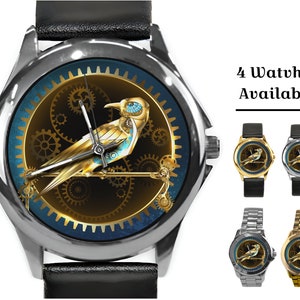 Steampunk Bird Watch: Gold Plated Digital Art Wristwatch