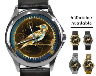 Steampunk Bird Watch: Gold Plated Digital Art Wristwatch Handmade Stainless Steel Leather Watches