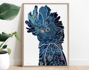 Black cockatoo print, bird print, cockatoo, black cockatoo painting, australian native, Australian bird, Australian animal, bird art