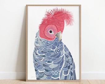 Puede incluir: Lámina artística enmarcada con una ilustración detallada de una cacatúa. El ave tiene una cresta y cabeza de color rosa vibrante, con un cuerpo azul y gris. La obra de arte está sobre un fondo blanco, enmarcada en madera clara.