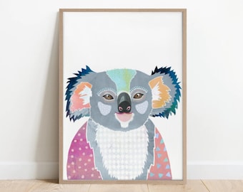 Koala II print, animal art, art coloré, art indigène australien, animal australien, collage, faune australienne, impression d’art, décoration murale