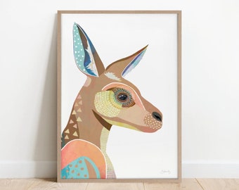 Kangaroo print, animal art, colourful artwork, Australian native art, Australian animal, collage, Australian fauna, art print, wall decor