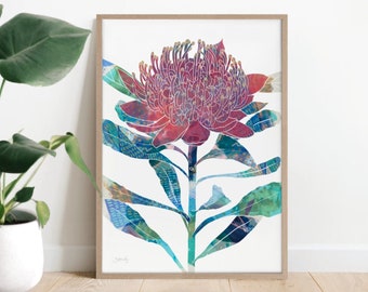 Red Waratah print, Waratah, waratah painting, Australian native, Australian native print, wall art, flower art, print decor