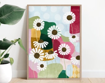 Look on the bright side portrait, flower art, floral print, abstract art, living room decor, Australian art, colour block art, bedroom print