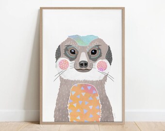 Meerkat print, animal print, nursery prints, kids room art, abstract animal print, colourful artwork, African wildlife art, safari, collage,