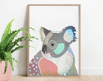 Koala print, animal art, colourful artwork, Australian native art, Australian animal, collage, Australian fauna, art print, wall decor