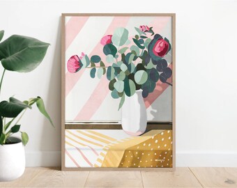 Ochre posy portrait, flower art, floral print, abstract art, living room decor, Australian art, flower vase art, bedroom print, poster