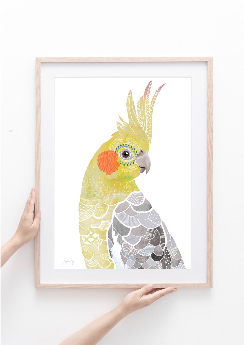 Puede incluir: Una impresi&oacute;n art&iacute;stica enmarcada con una ilustraci&oacute;n de acuarela de una cacat&uacute;a ninfa. El ave tiene plumaje amarillo, gris y naranja con patrones intrincados. La obra de arte est&aacute; sobre un fondo blanco y el marco es de madera clara.