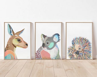 Set of 3 prints, Australian native print set,  native animal print, koala print, kangaroo print, platypus print, wall decor, print set