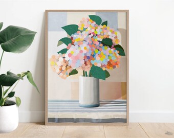 Kaleidoscope blooms portrait, flower art, floral print, abstract art, living room decor, Australian art, hydrangea, bedroom print, poster