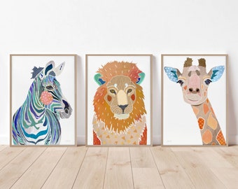 African animal print set of 3, nursery decor, safari art, kids room decor, wall posters, colourful kids room art, zebra, giraffe, lion