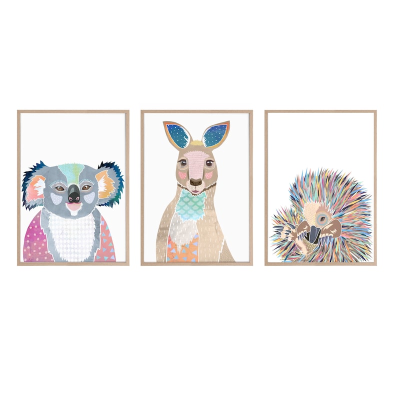 Set of 3 prints, Australian native print set, native animal print, koala print, kangaroo print, echidna print, wall decor, print set image 2