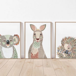 Set of 3 prints, earthy tone, Neutral nursery, australian native print set,  native animal print, koala print, kangaroo print, echidna print