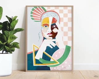 Abstract woman art print, portrait art, figurative print, abstract figure, prints for bedroom, colourful art, modern female painting,