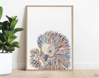 Echidna print, animal art, colourful artwork, Australian native art, Australian animal, collage, Australian fauna, art print, wall decor